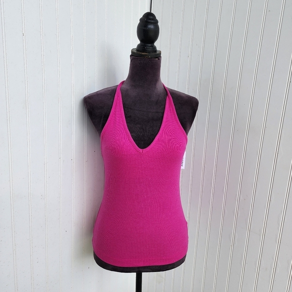 NWT Old Navy Womens Hot Pink Ribbed V-neck Halter Tie Tank Top Built In Bra M - Picture 4 of 14